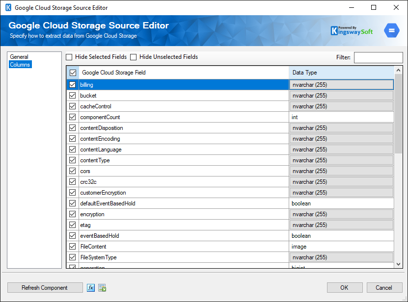 SSIS Google Cloud Storage Source Component - Columns Page